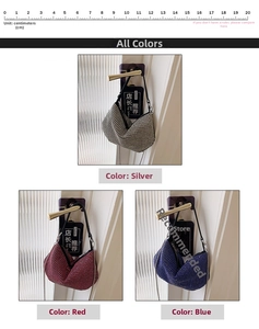 Detailed comparison of sparkling rhinestone handbags in silver, red, and blue colors