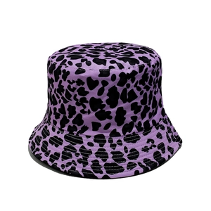 Detail shot of purple leopard print bucket hat with reinforced stitching on the brim