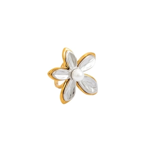 18K gold plated stainless steel flower ring with pearl accent and open band design