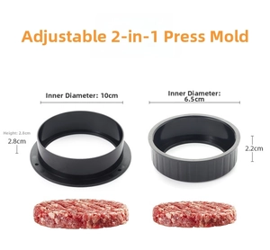 Détail du presse-burger 2-en-1 montrant les diamètres de 10 cm et 6,5 cm pour la viande