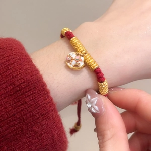 Detailed macro view of woven red cord bracelet with gold beads and white horse charm