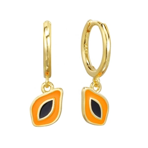 Macro detail of S925 sterling silver fruit earrings with orange enamel dripping oil crafts