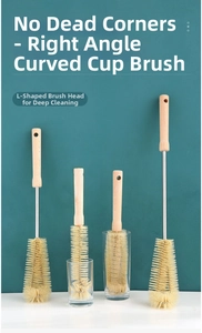 L-shaped bottle brush with wooden handle and fiber bristles for corner cleaning