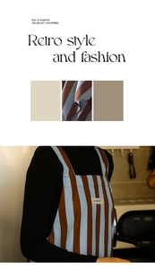Detail of blue and brown striped kitchen apron with durable cotton-linen texture and logo