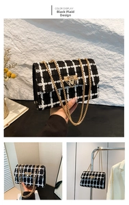 Close-up detail of black plaid tweed fabric texture and gold chain strap on the bag