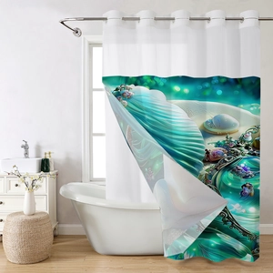 Detail of teal waffle texture shower curtain with metallic grommets and seashell print