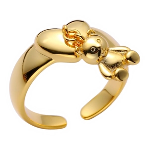 Minimalist gold open ring featuring a polished heart and a cute dangling bear charm