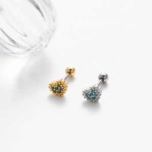 Pair of stainless steel heart stud earrings with blue and green faux stone inlay