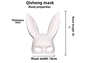 Detailed size chart of white rabbit LED mask showing 38cm length and 18cm width dimensions