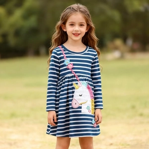 Girls Cotton Long Sleeve Dress Blue White Striped Unicorn Applique Rainbow Tassel Lace Trim Casual Kids Princess