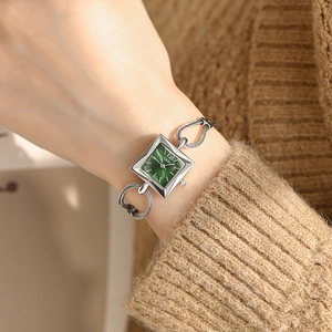 Elegant ladies square watch with green malachite dial and silver braided chain bracelet