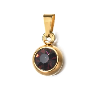 Detail of 6mm round red gemstone pendant with gold-plated stainless steel bezel setting