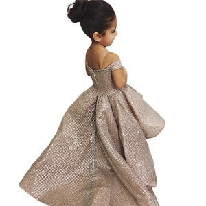Champagne gold girls princess gown with sequins, high-low hem and off-shoulder cut