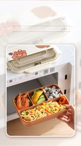 Three-compartment bento box for microwave with cutlery storage and cute animal pattern