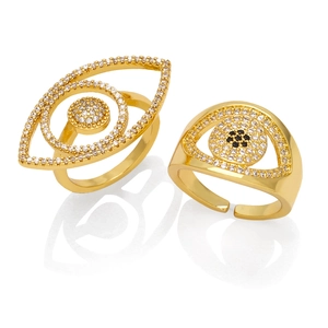 Fashion Evil Eye Adjustable Open Ring For Women Copper Zirconia Inlaid Gold Plated Hip Hop Ethnic Style Finger Jewelry