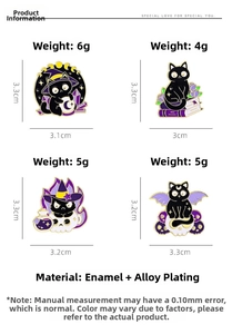 Detailed view of four black cat enamel pins featuring magic book and wizard hat designs