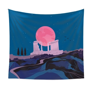 Bohemian tapestry featuring a pink full moon and ancient Greek temple art for wall decor
