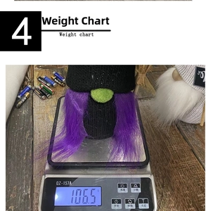Weight measurement detail showing a 106.5g festive plush gnome with purple beard