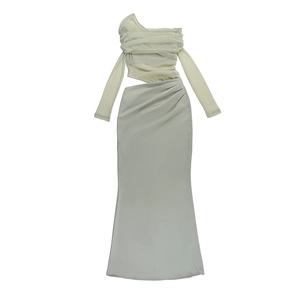 Detail view of grey-green off-shoulder mesh top and satin bodycon long dress set