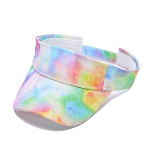 Detailed view of the multi-color tie-dye gradient empty top sun hat with stitched brim