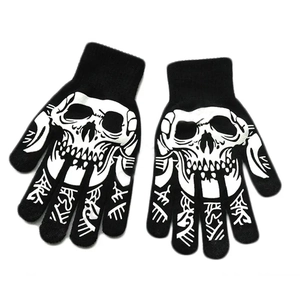 Black knit Halloween skull gloves with glowing bone patterns for festive party wear