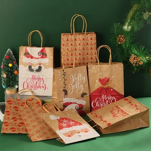 Christmas Gift Bags Kraft Paper Handheld Holiday Presents Packaging Santa Claus Reindeer Patterns Festive