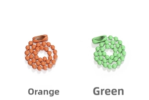 Detail of colorful orange and green metal ball chains with secure matching connectors