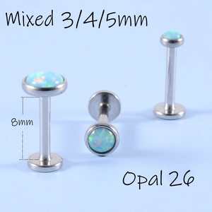 Three-piece stainless steel opal labrets with 3mm 4mm 5mm blue stones and 8mm rod