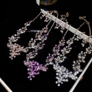 Elegant floral rhinestone pendant necklaces in pink, purple and silver for women