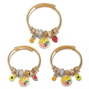 Three-piece gold stainless steel cable bracelets set with colorful fruit charms and crystals