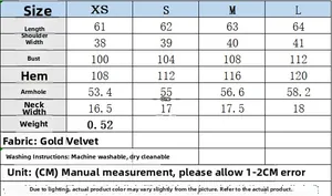 Detailed size chart for faux fur vest showing measurements for XS S M L in gold velvet