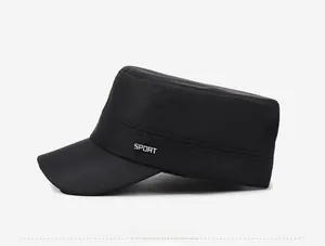 Side view of black cadet cap with sport metal emblem and subtle textured fabric