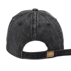 Detail view of charcoal black vintage baseball cap with adjustable metal buckle strap