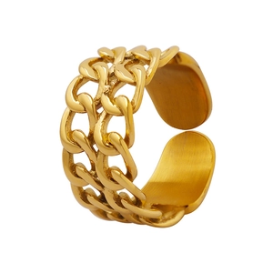 Double-layered gold chain link ring in adjustable open style made of titanium steel