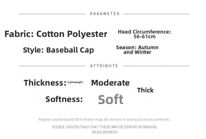 Detailed size chart for baseball cap with 56-61cm circumference and material specs