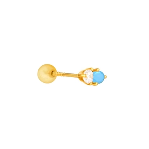 Close-up of gold cartilage piercing with turquoise and clear gem and screw back