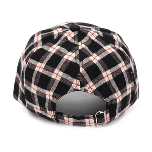 Close-up of classic plaid baseball cap rear with adjustable silver metal buckle