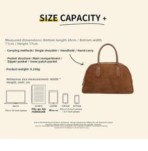 Detailed size guide for suede bowling bag showing dimensions 28x11x17cm and bag capacity