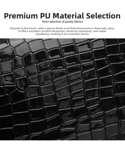 Macro detail of glossy black PU leather featuring embossed crocodile bamboo pattern