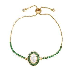 Golden Virgin Mary bracelet with green zircons and adjustable box chain for women