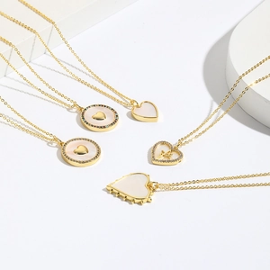 Heart Pendant Necklace Gold Plated Brass With Colorful Zircon Mother Of Artificial Pearl Shell Minimalist Fashion Jewelry For Women