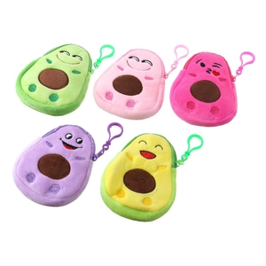 Five colorful plush avocado coin purses in green pink purple and yellow with hooks