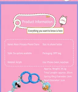 Detail view of moon bead phone strap showing material, 25cm length, and 39.2g weight.