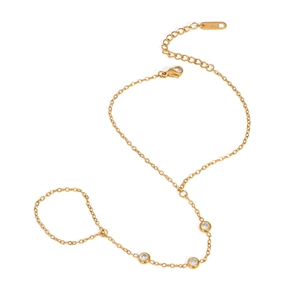 Elegant gold stainless steel finger ring bracelet set with three clear cubic zirconia stones