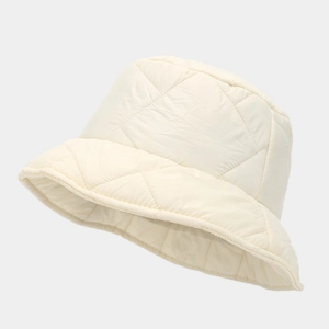 Chic beige quilted bucket hat with classic diamond pattern for winter warmth
