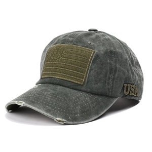 Vintage washed grey USA flag baseball cap with distressed brim and military embroidery