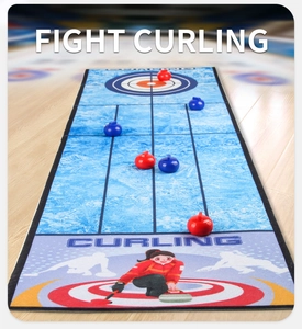 Close-up of kids indoor curling game set with red and blue stones on a long blue play mat