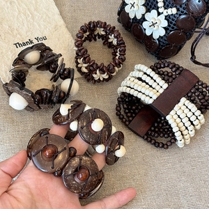 Vintage Ethnic Style Coconut Shell Wood Bead Elastic Bracelet Handmade Floral Beaded Bangle For Women Bohemian Jewelry