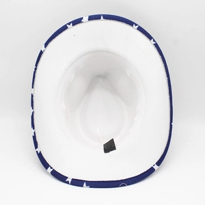 Detail view of American flag pattern under brim on a woven cowboy hat with cotton lining