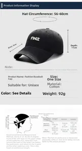 Size guide for vintage baseball cap showing 8cm brim, 11cm depth, and 56-60cm circumference